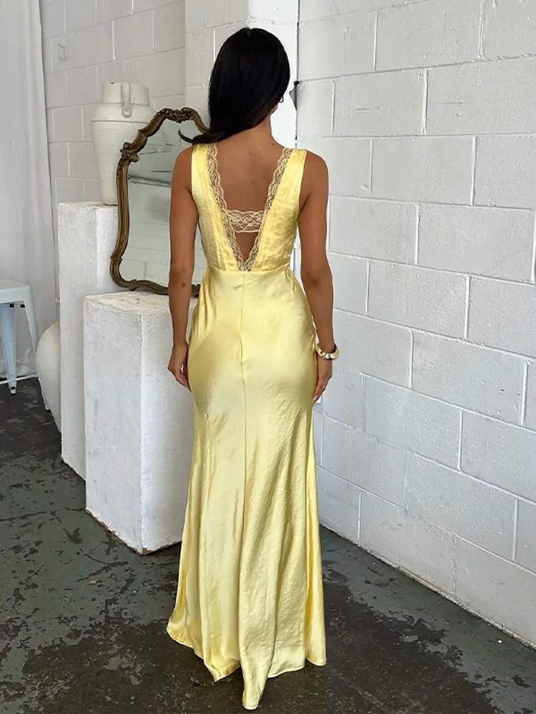 Fashion Vneck Sleeveless Maxi Dress For Women Summer Backless Bodycorn Banquet Lace Vestidos Lady Party Elegant Long Robe 240312