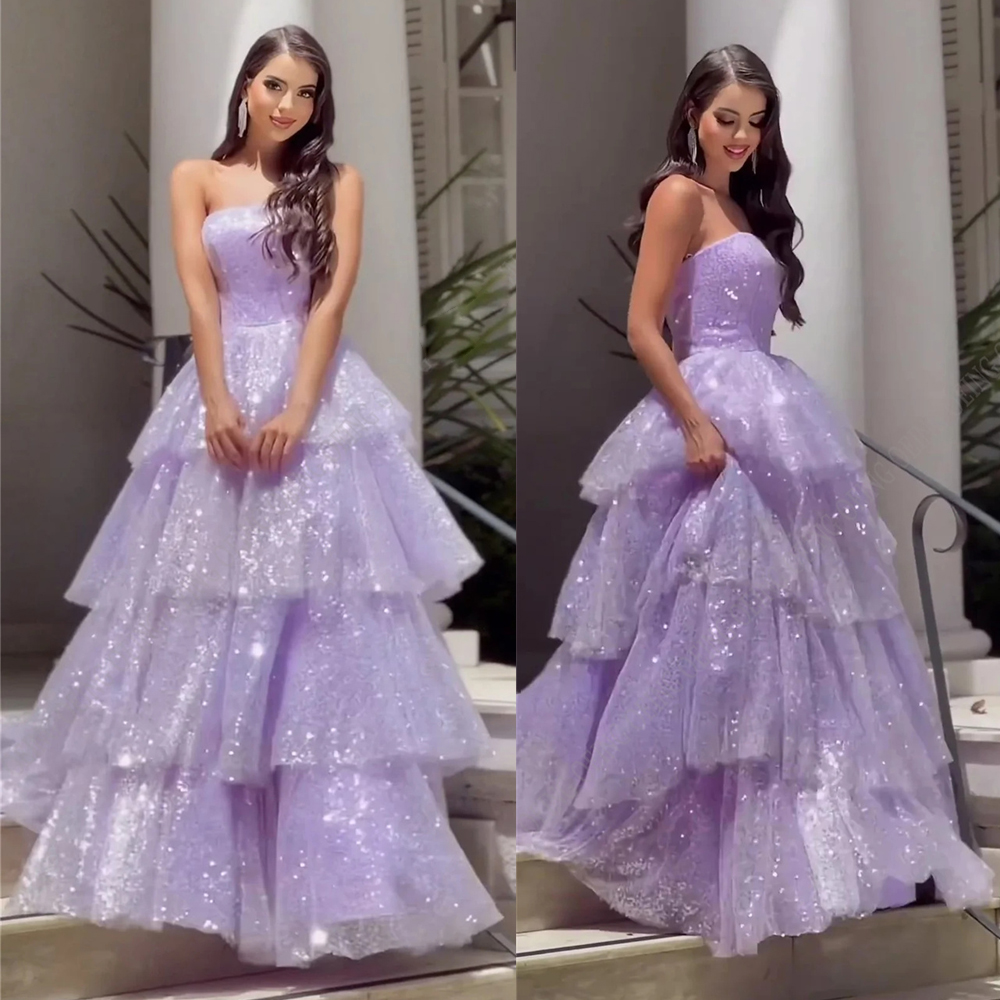 Sparkly Purple Quinceanera Prom Dresses Strapless Tier Sequin Graduation Dress Ruffles Layered Puffy Birthday Photography Wears