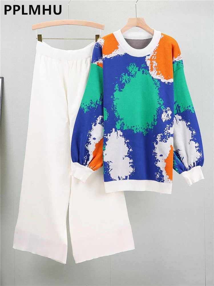 Tie Dye Pullover Sweater 2 Piece Sets Women Print Casual Knitwear Jumper Conjunto High Waist Solid Knit Wide Leg Pant Outfit 240301