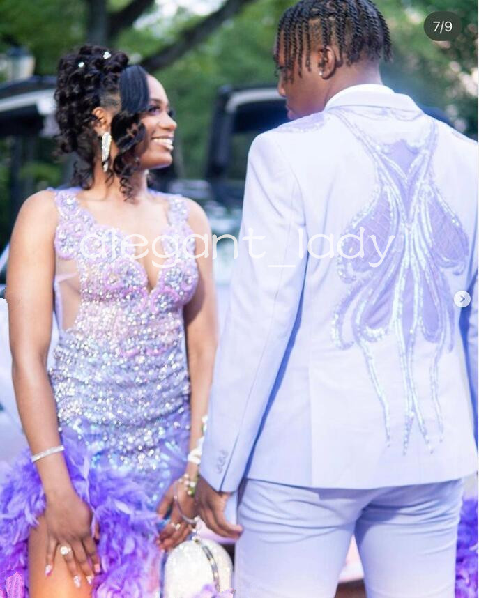 Lilac Purple Sparkly Mermaid Prom Formal Dresses for Women Luxury Diamond Crystal Feather Slit Evening Birthday Party Dress 2024