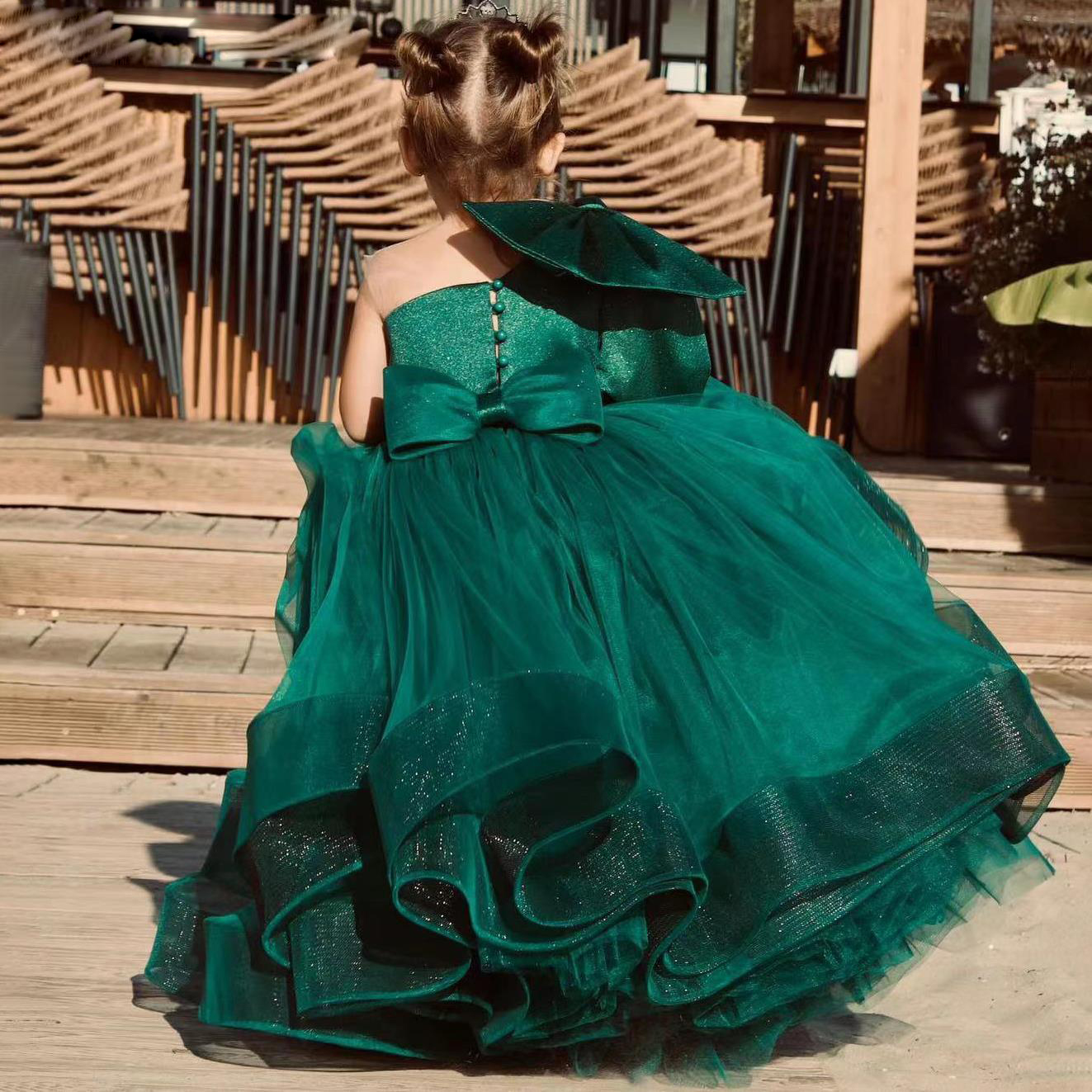 Dark Green Toddler Party Dresses One Shoulder With Bow Tie Kids Formal Wear Glitter Puffy Tulle Tutu Child Birthday Dress