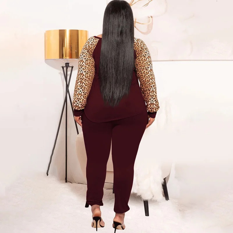 5XL Plus Size Women Sets T Shirt Tops And Pant Suits Autumn Fashion Leopard Print Casual Large Size Tracksuit Two Piece Set 240229