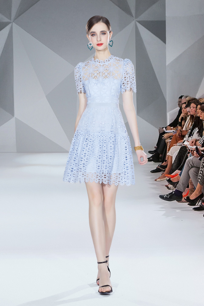 High Quality Runway Self Portrait Dress Women's Sleeveless Blue Lace Summer Hollow Out Irregular Ruffles 210520