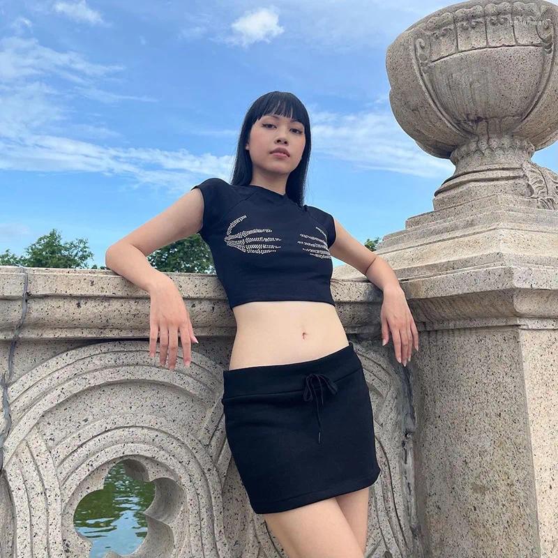 Women's T Shirts Sexy Club Women Summer Crop Top T-shirt Punk Y2K Haruku Black Short Sleeve Rhinestone Skeleton Hand Printed Tights