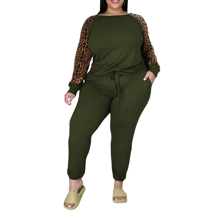 5XL Plus Size Women Sets T Shirt Tops And Pant Suits Autumn Fashion Leopard Print Casual Large Size Tracksuit Two Piece Set 240229