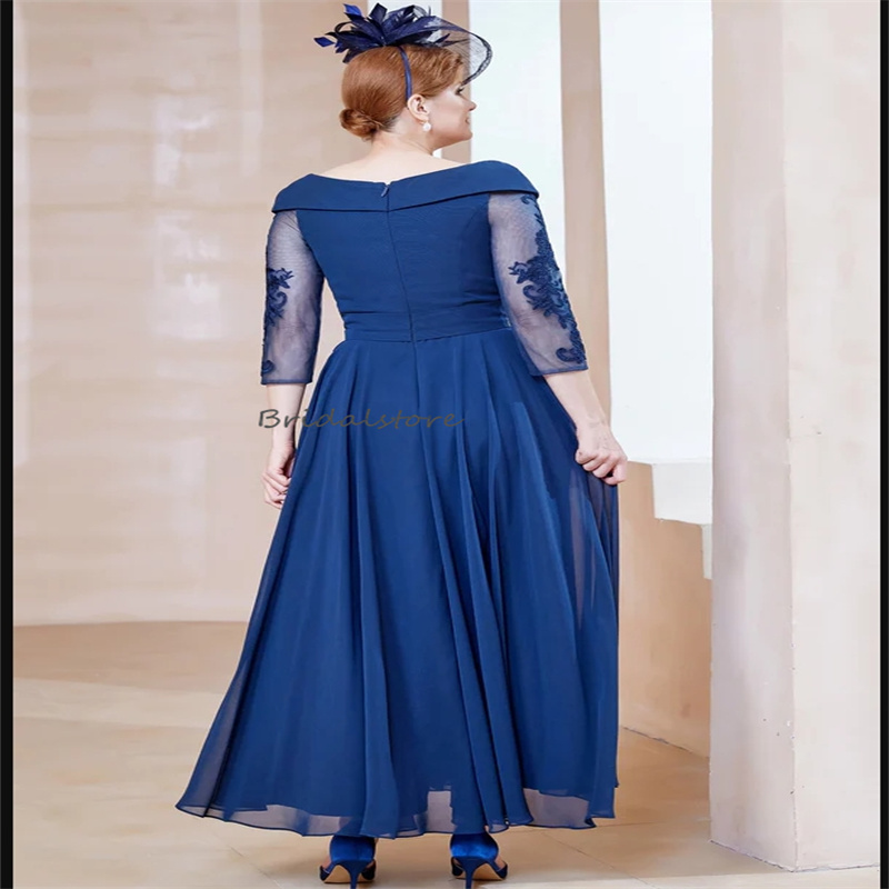 Elegant Blue Mother Of The Bride Dresses Tea Length Boho Chiffon Wedding Guest Dress With Sleeves Off Shoulders A Line Appliques Lace Mom Evening Form