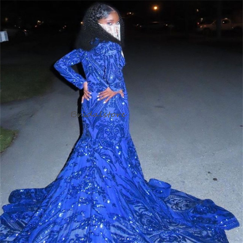 Fashion Royal Blue Sequin Prom Dresses For Black Girls Shinny Long Sleeve Mermaid Evening Dress 2024 Sheer Neck Plus Size Formal Dresses Glitter Birth