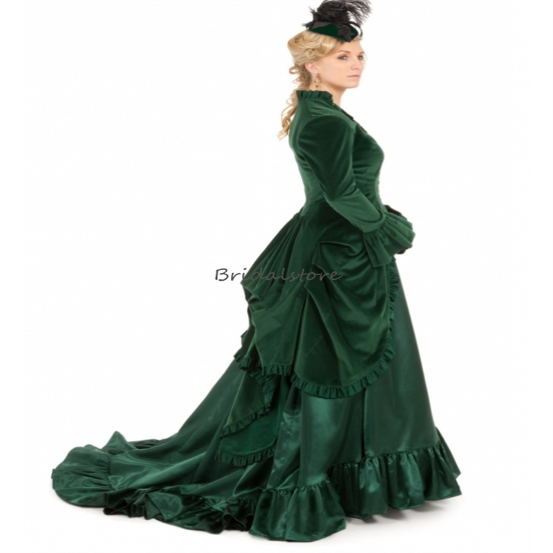 Duchess Green Medieval Evening Dress Victorian Velvet Bustle Civil War Southern Belle Prom Dress Vintage Long Sleeve Formal Party Vestidos De Noche Du
