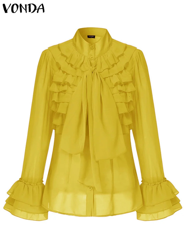 VONDA Women Tops Fashion Ruffled Blouses Stand Collar Tunic Autumn Loose Long Sleeve Button Elegant Party Blusas Femininas 240329