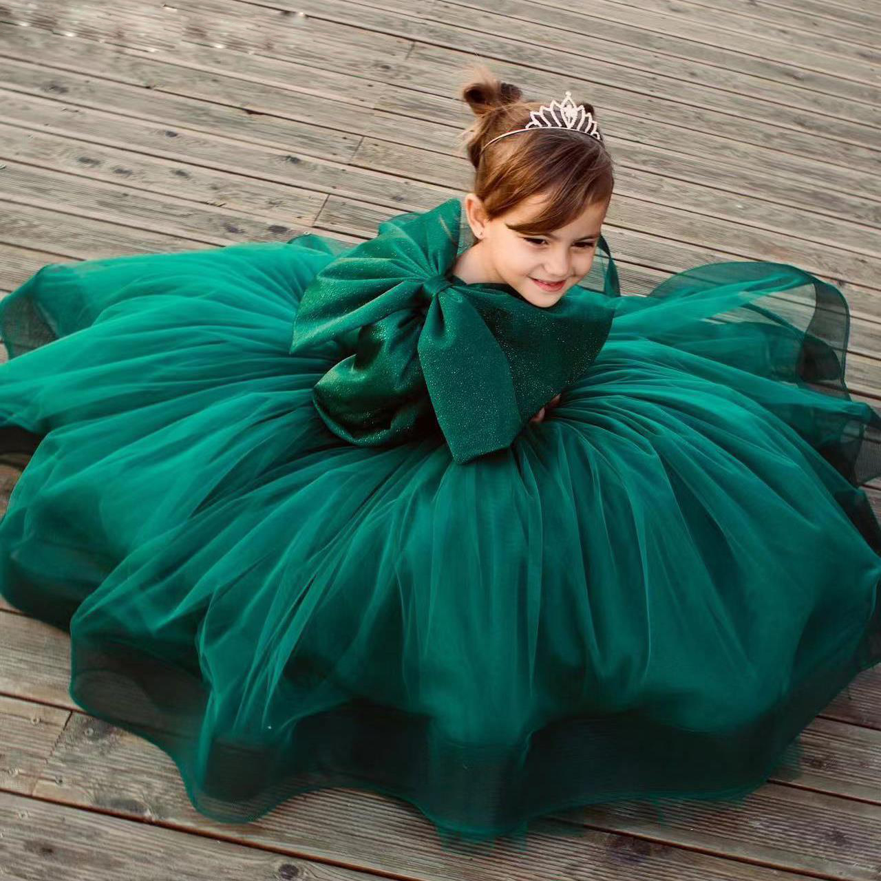Dark Green Toddler Party Dresses One Shoulder With Bow Tie Kids Formal Wear Glitter Puffy Tulle Tutu Child Birthday Dress