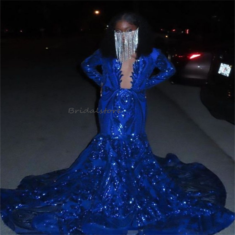 Fashion Royal Blue Sequin Prom Dresses For Black Girls Shinny Long Sleeve Mermaid Evening Dress 2024 Sheer Neck Plus Size Formal Dresses Glitter Birth