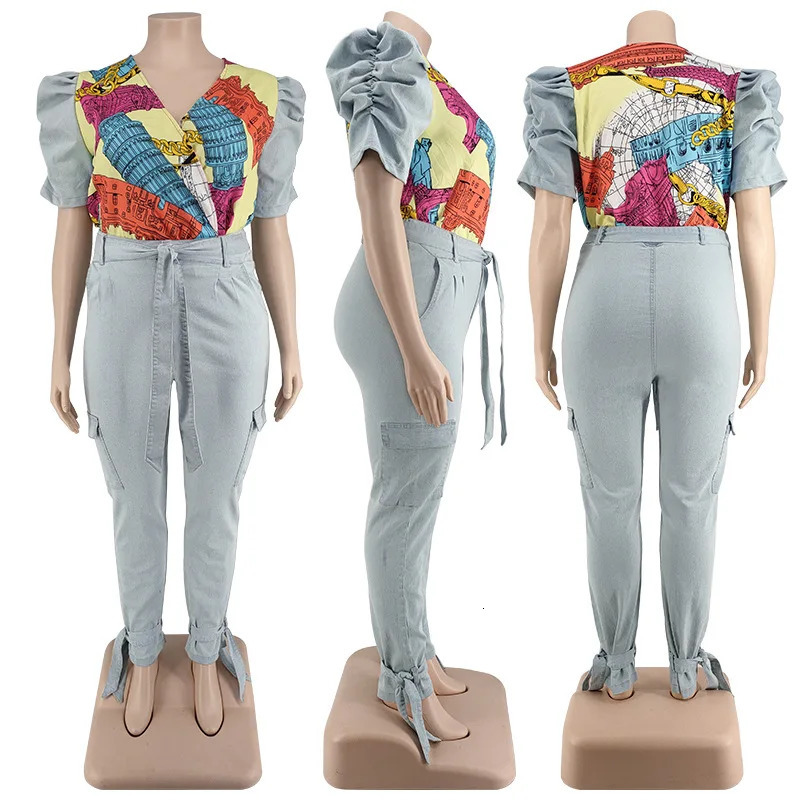 5XL Plus Size Womens Sets Denim Street Two Piece Set Puff Sleeve Patchwork Print Top and Jeans Matching Suit Wholesale Items 240307