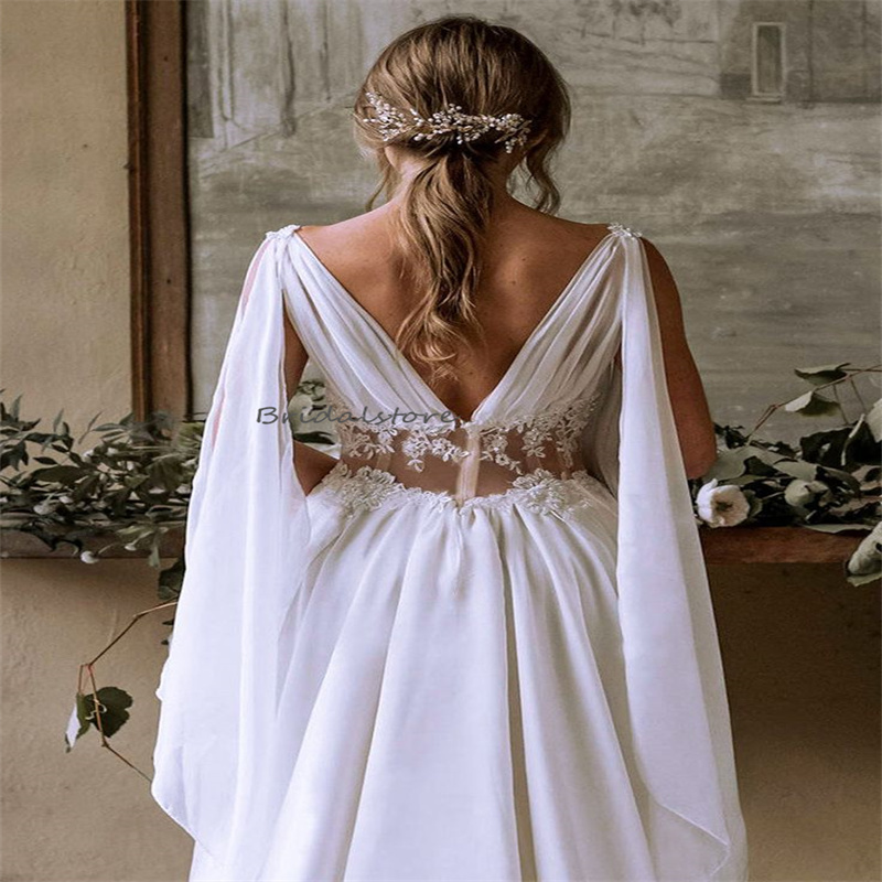 Fairy Celtic Boho Wedding Dress With Cap Sleeves Sexy Sheer Neck Backless Chiffon Beach Bride Dress Lace Whimsical Gatsby Bridal Robe De Mariee 2024 V