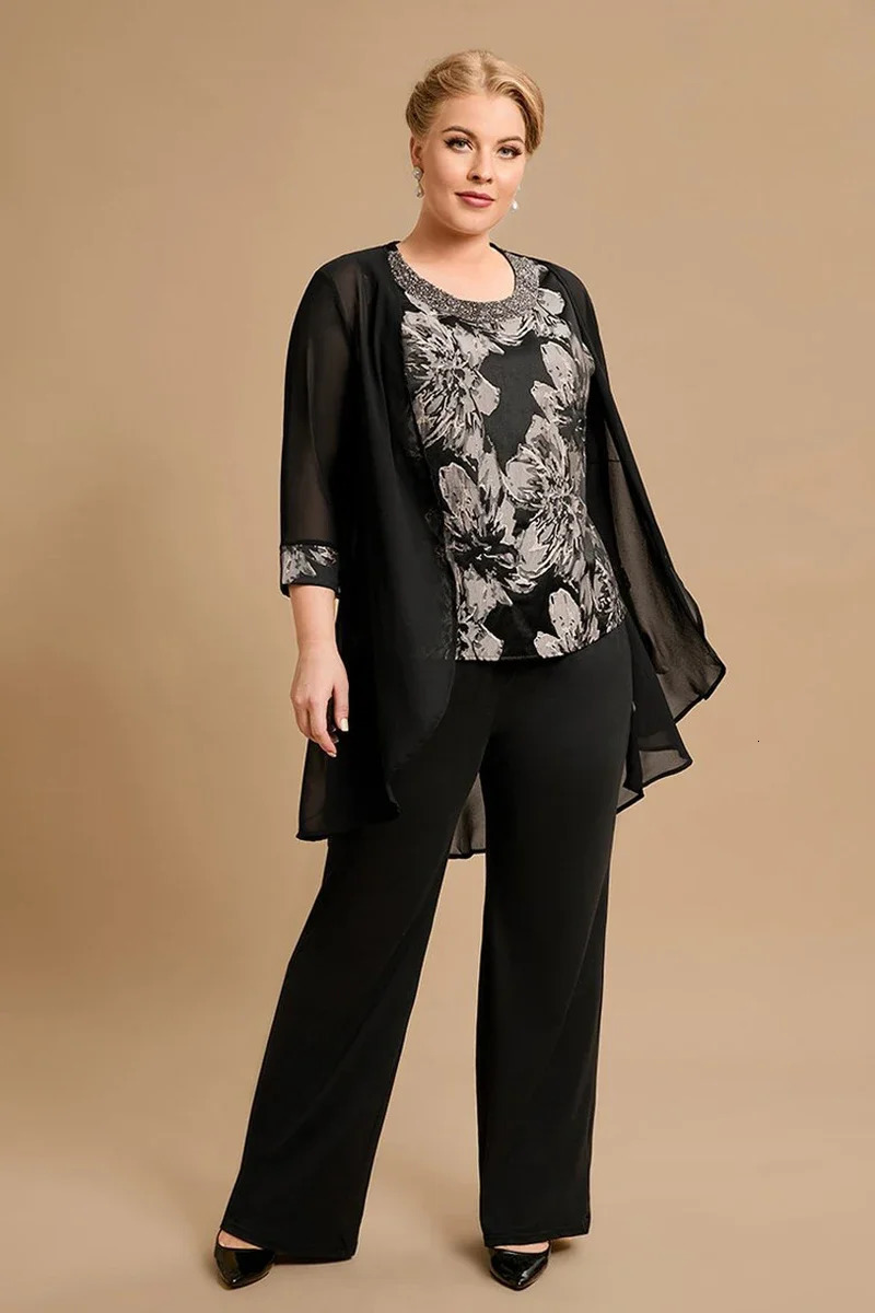 Womens Plus Size Mother Of The Bride 34 Sleeve Three Pieces Set Pant Suits Soft Office Lady Chiffon High Quality Clothing 240307
