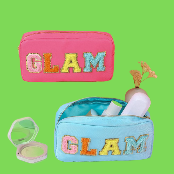 Nylon Cosmetic Bag Chenille Letter Makeup Pouch Zipper Make Up Waterproof Bags with Patches Stuff Organizer for Women