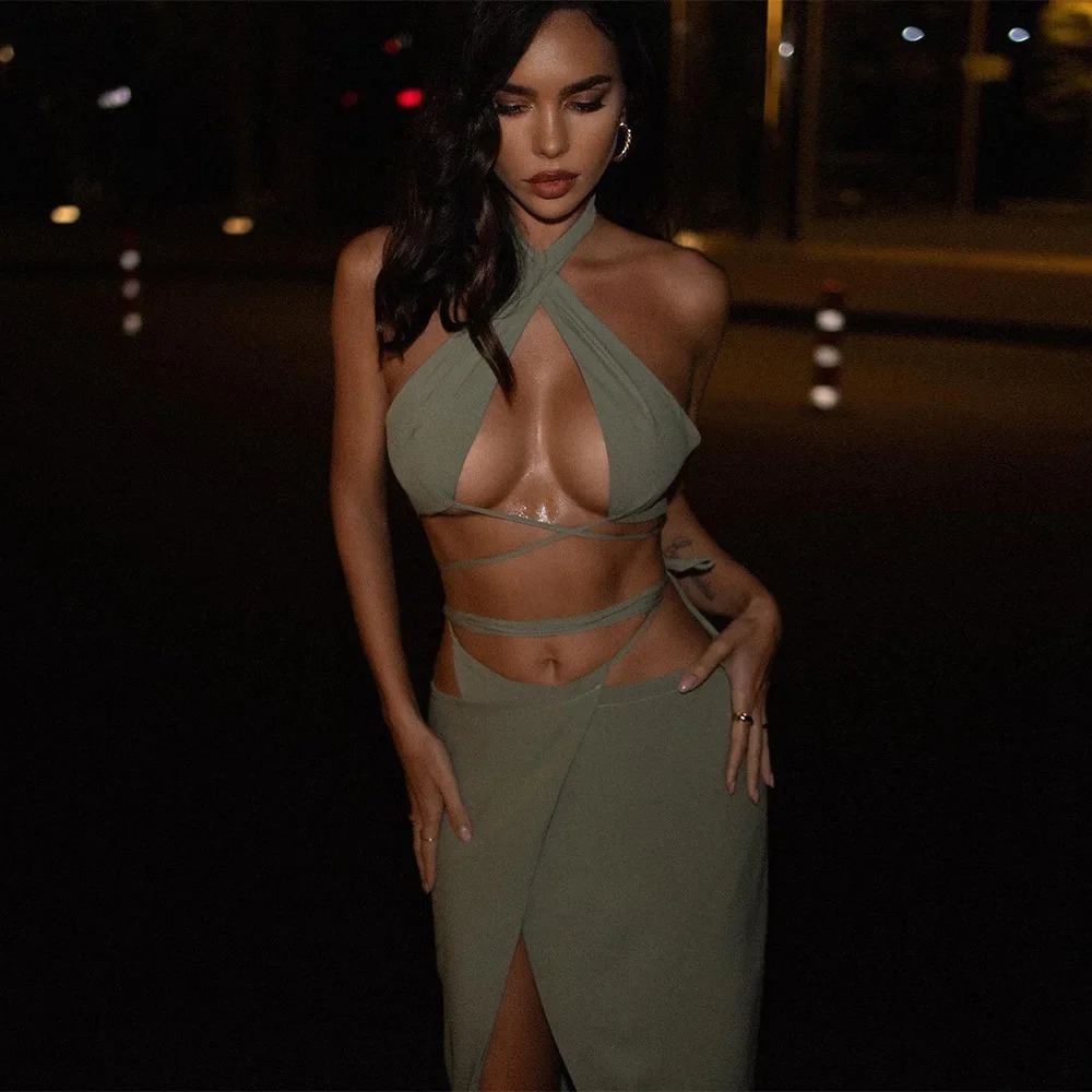Halter Waistcoat Exposed Navel Top Split Skirt Two-piece Fashion Suit Summer Womens Dress 240328