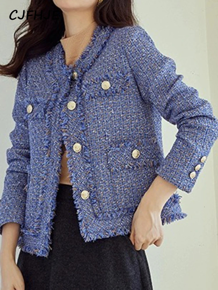 CJFHJE Long Sleeve Blue Tassel Women Coats Autumn Winter Short ONeck Vintage Tweed Jackets Femlae Korean Elegant Lady Outerwear 240307
