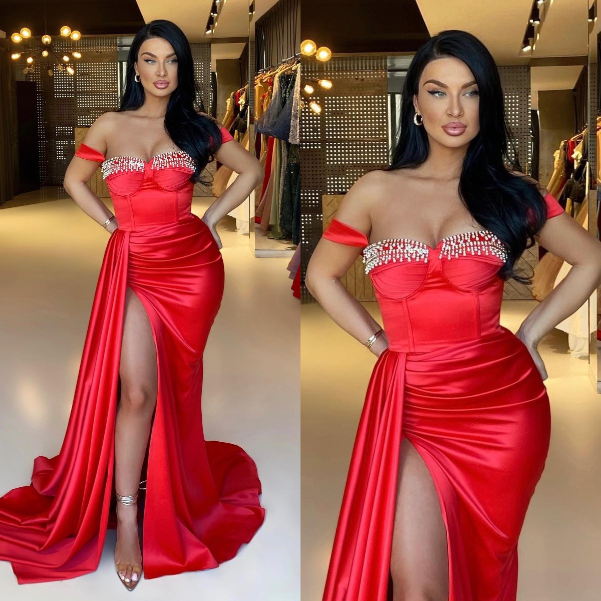 Sexy Red Mermaid Prom Dress Beads Neck Off Shoulder Pleats Waist Formal Evening Elegant Dresses For Special Ocns Split Robe De Soiree Lz0304