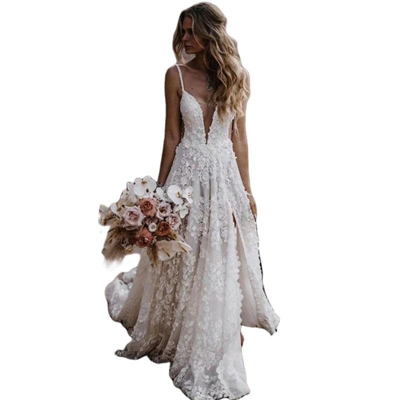 Sexy Bohemian Beach Lace Wedding Dresses Spaghetti Backless Side Split Summer Long Bridal Gowns Sleeveless 2024 Country Bride Dress