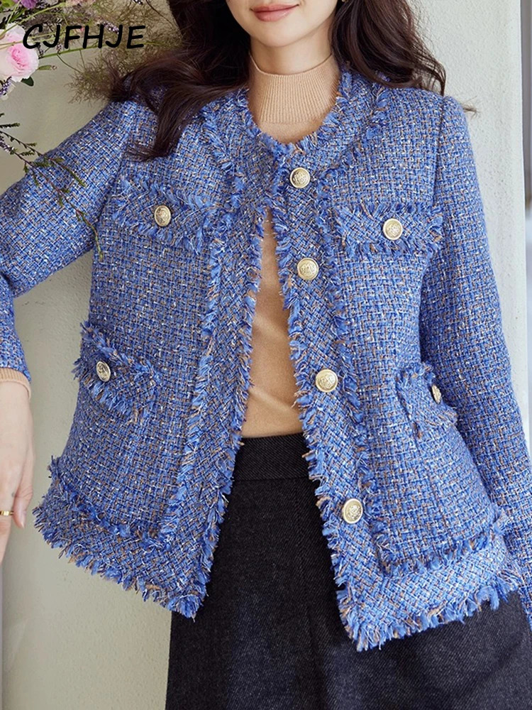 CJFHJE Long Sleeve Blue Tassel Women Coats Autumn Winter Short ONeck Vintage Tweed Jackets Femlae Korean Elegant Lady Outerwear 240307