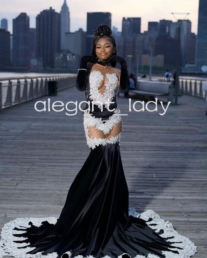 Black White Mermaid Long Evening Party Dresses Sexy See Through Luxury Applique Prom Birthday Dress with Gloves 2024 Velvet