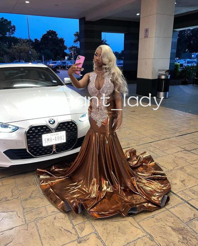 Brown Gold Sparkly Long Prom Formal Dresses for Women Luxury Diamond Crystal Black Girl Evening Birthday Gala Gown 2024