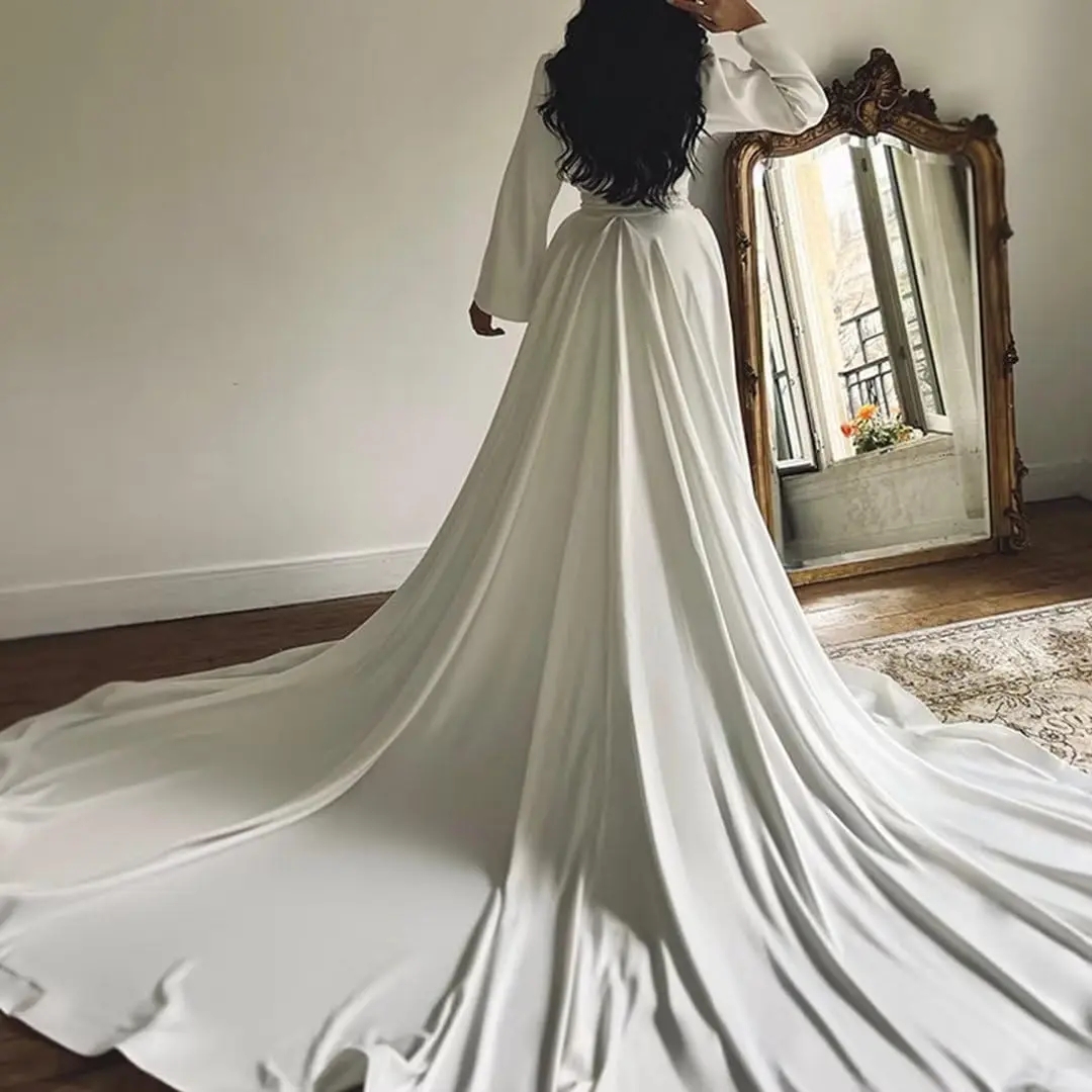 Mermaid Elegant Wedding Dress Women Long Sleeve Beadings Sash Satin Bridal Formal Gown Sweep Train Vestidos De Novia