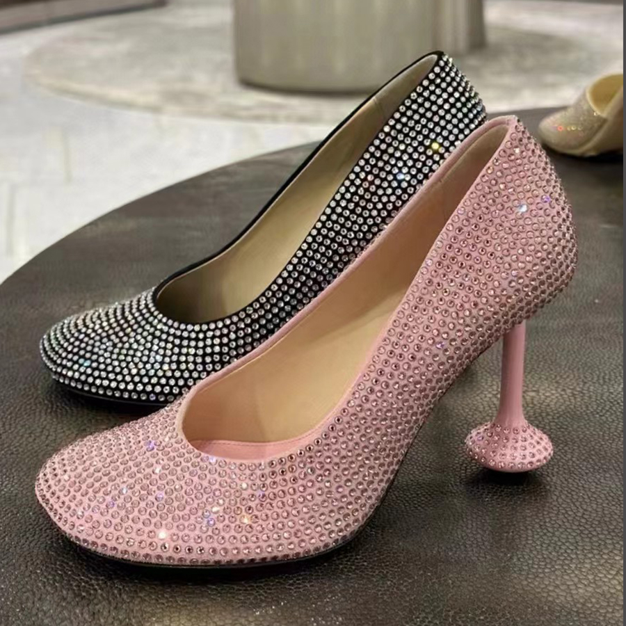 Toy pump in suede and allover rhinestones woman Designer 95mm Cleo Mules Glass heel Leather sole Square Toes Fashion party Spool Heels high-heeled shoes