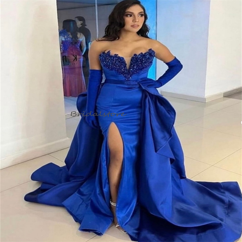 Luxury Hot Pink Royal Blue Prom Dresses With Overskirt Train Sequin Sweetheart Slit Formal Dance Dress Gorgeous Dubai Arabic Evening Dress Party Gown 