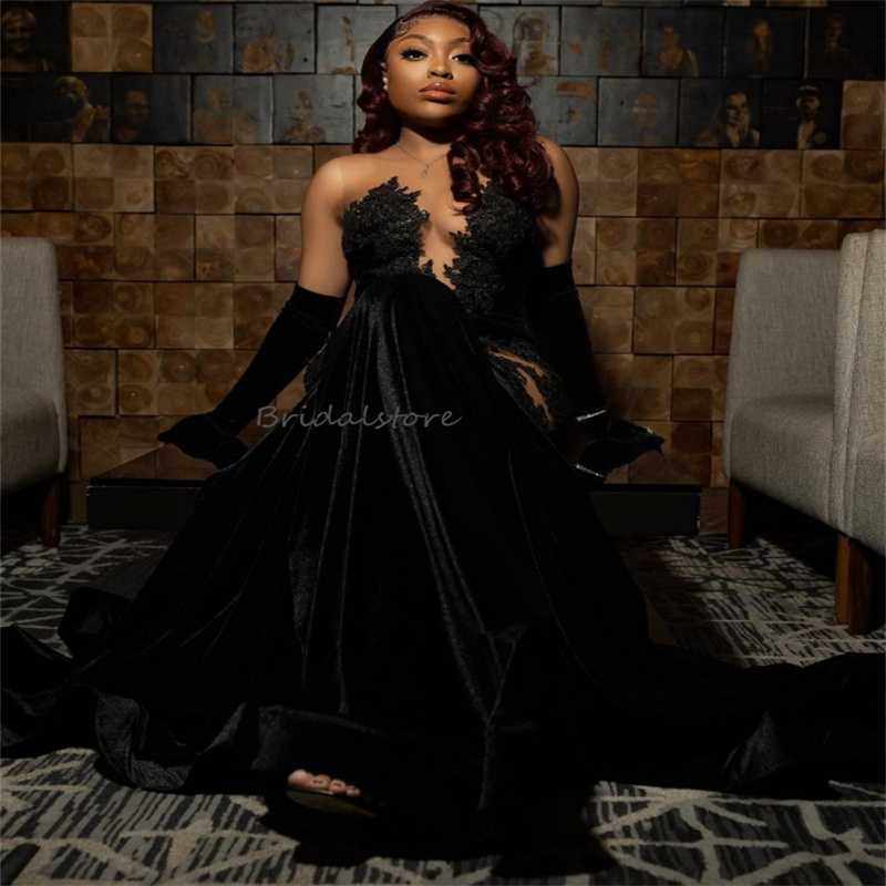 Velvet Black Girls Prom Dresses 2024 Sexy Illusion Appliques Lace Mermaid Evening Gowns Elegant Formal Occasion Party Dress Gorgeous vestidos de fiest