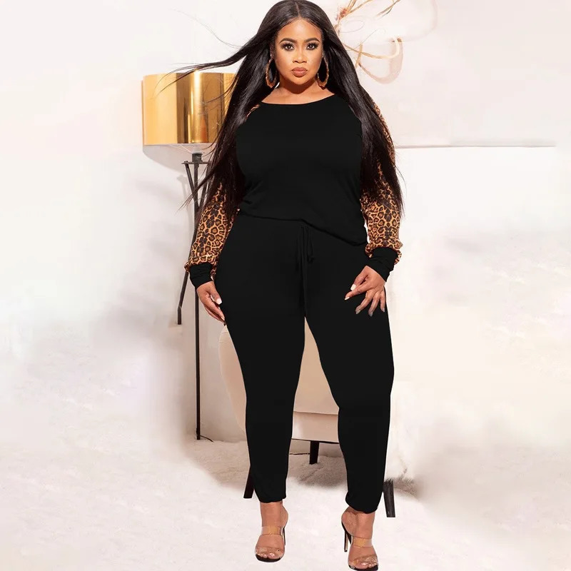 5XL Plus Size Women Sets T Shirt Tops And Pant Suits Autumn Fashion Leopard Print Casual Large Size Tracksuit Two Piece Set 240229