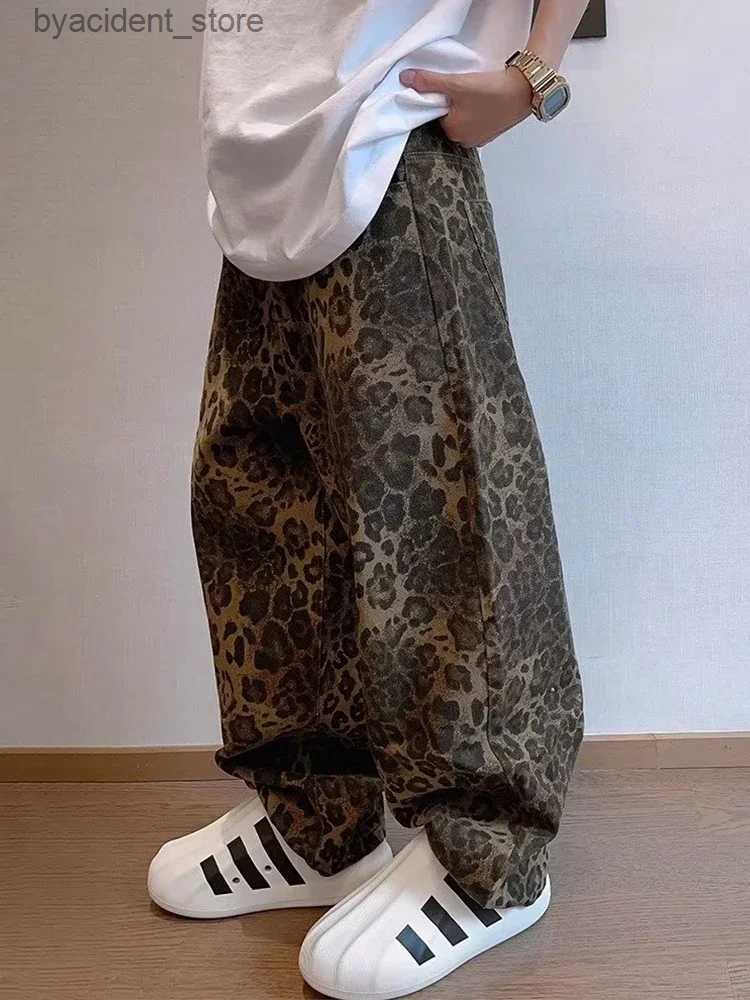 Men's Jeans HOUZHOU Tan Leopard Jeans Men Denim Pants Male Oversize Wide Leg Trousers Streetwear Hip Hop Vintage Clothes Loose Casual L240313