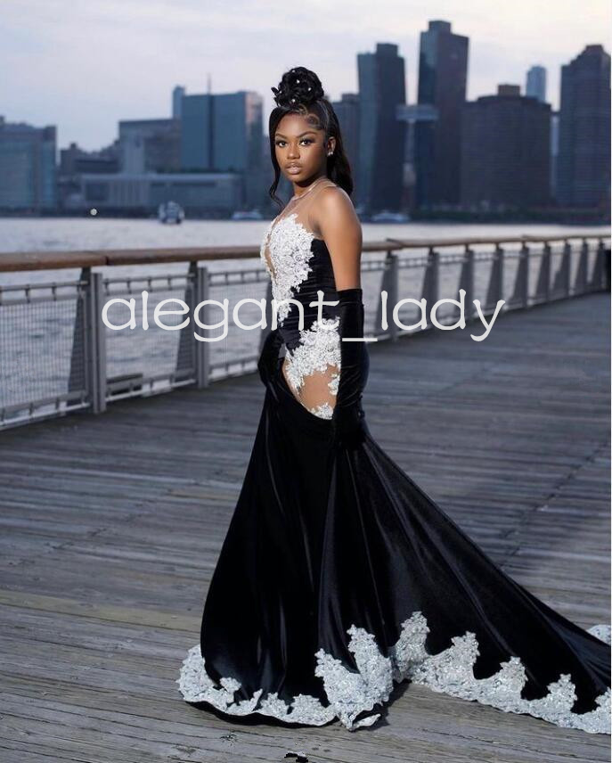 Black White Mermaid Long Evening Party Dresses Sexy See Through Luxury Applique Prom Birthday Dress with Gloves 2024 Velvet