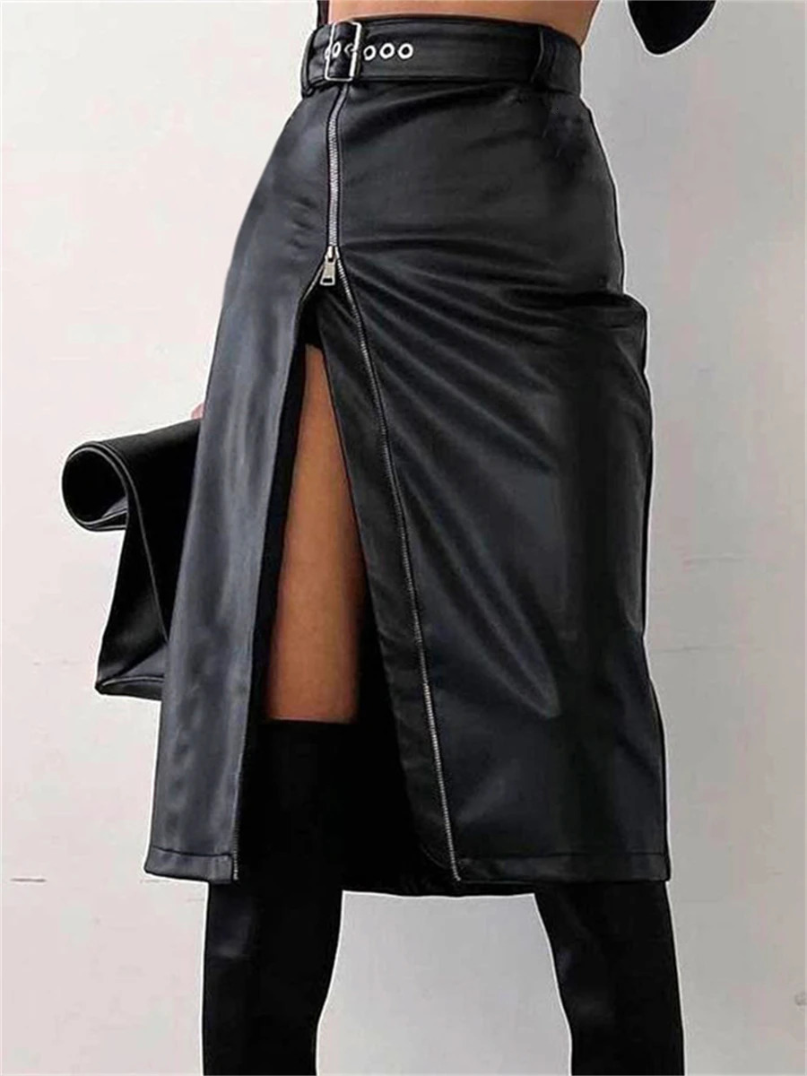 wsevypo Black PU Leather High Waist Pencil Skirts Vintage Grunge Women Streetwear Zipper High Split Bodycon Midi Skirt with Belt 240304