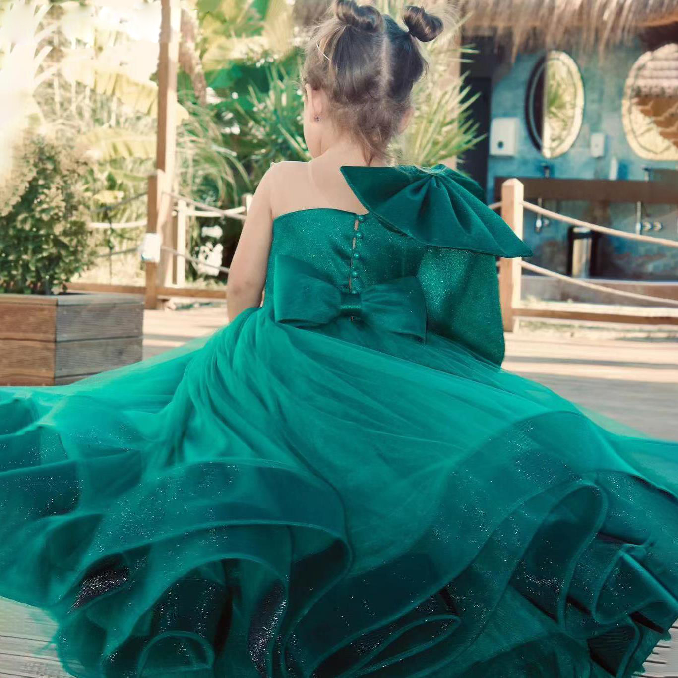 Dark Green Toddler Party Dresses One Shoulder With Bow Tie Kids Formal Wear Glitter Puffy Tulle Tutu Child Birthday Dress