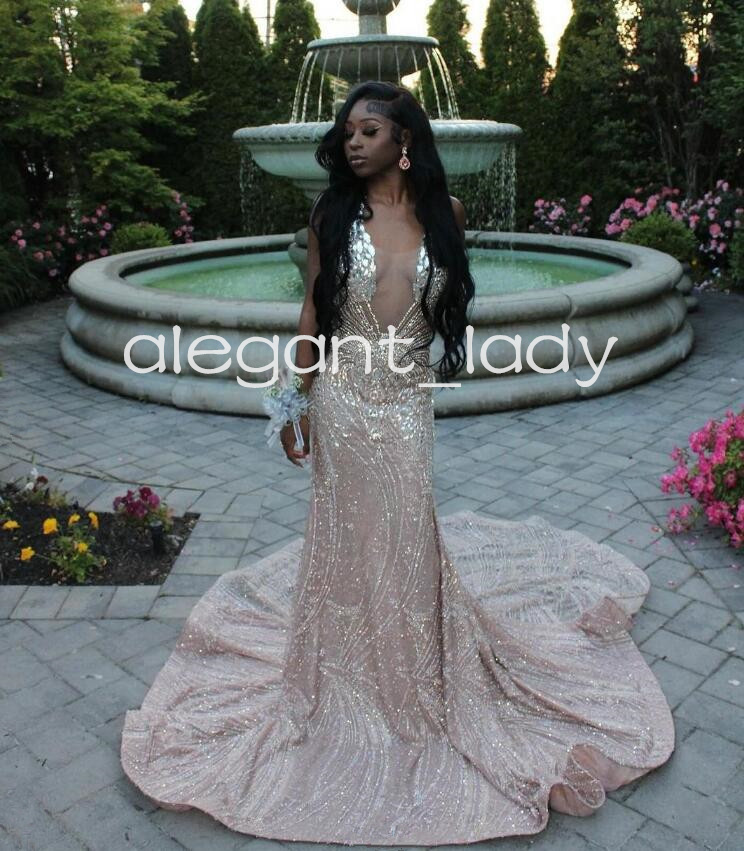 Silver Champagne Long Evening Party Dresses for Women 2024 Sparkly Diamond Crystal Black Girl Prom Birthday Formal Dress