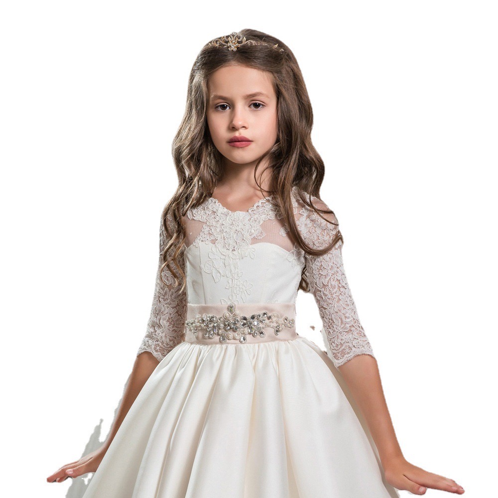Cute Satin Flower Girls Dresses 3D Floral Lace Sleeves Vintage Floor Length Little Girl Gowns Backless With Big Bow Toddler Girl Frist Holy Communion 