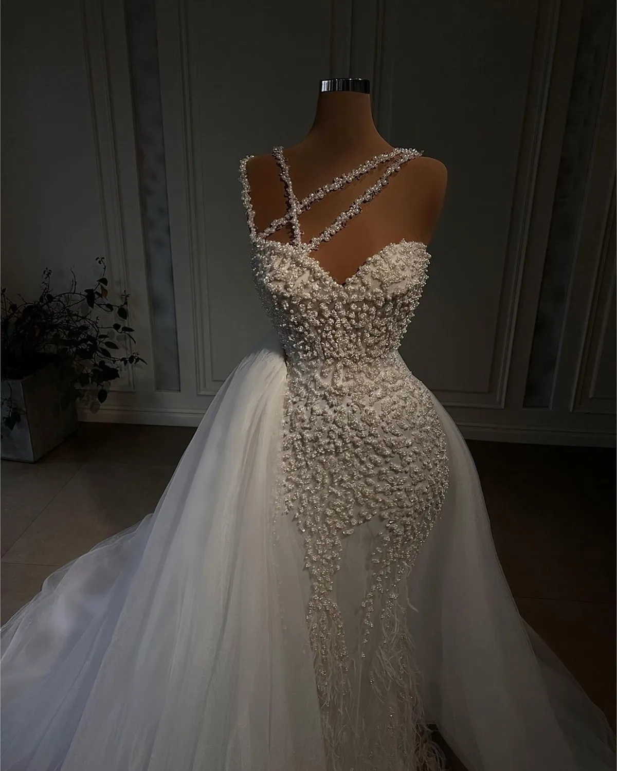 Wedding New Mermaid Dresses Sexy Spaghetti Straps Beads Appliques Lace Bridal Gowns Custom Made Lace-up Back Detachable Train Vestidos De Novia -up