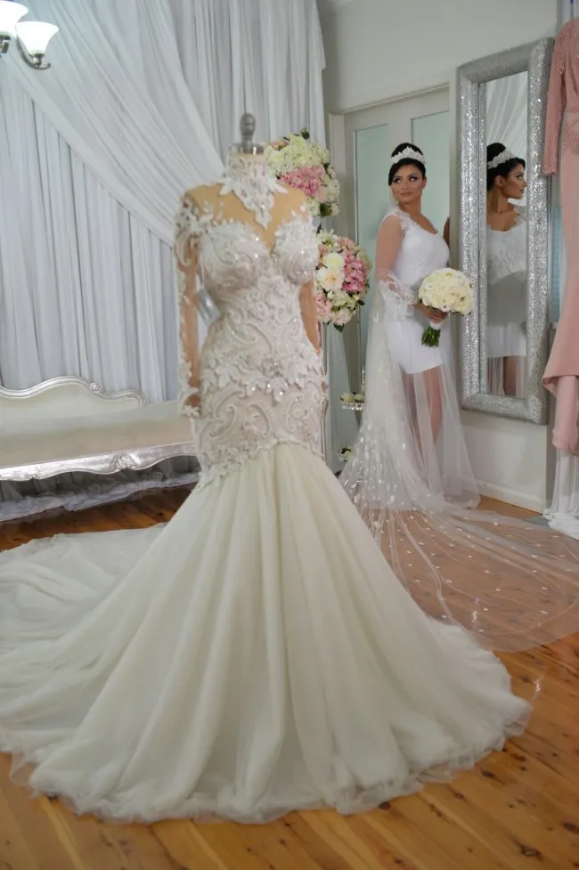 Dubai High-neck Mermaid Dresses Gowns Sheer Sleeves Beaded Lace Applique Wedding Gown Sexy Tulle Long Bridal Dress