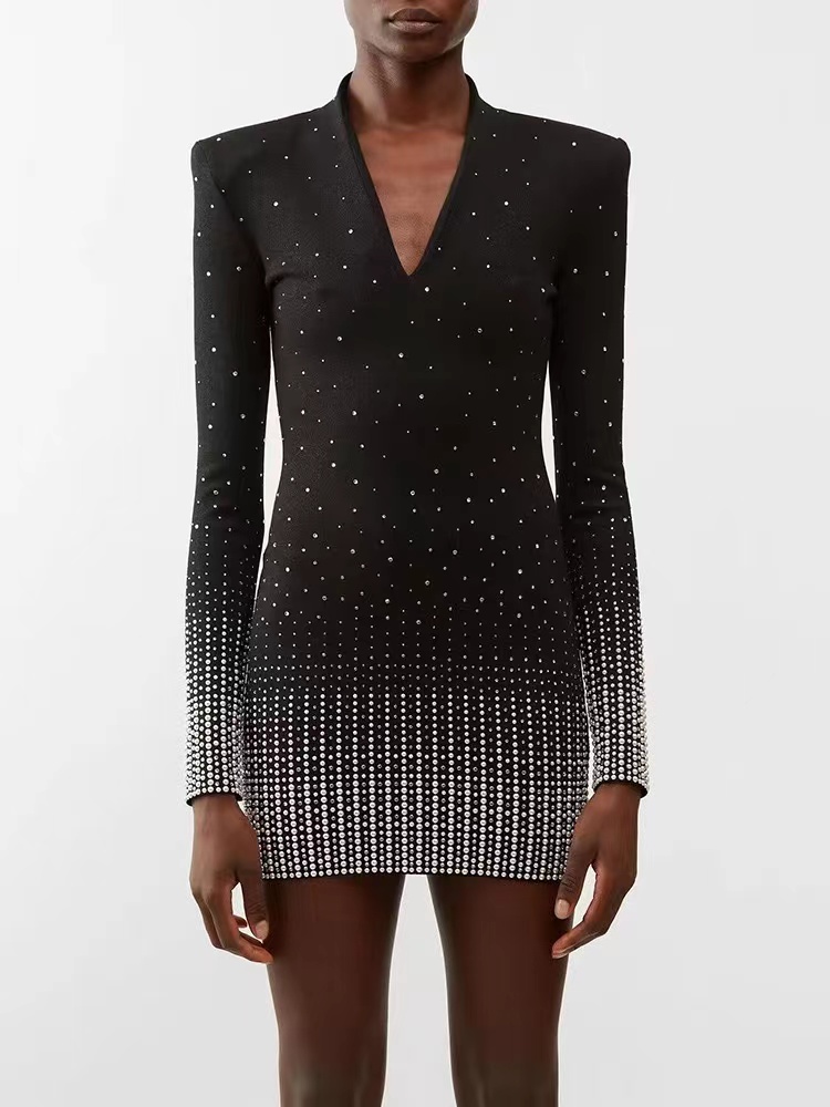 Milan Runway Dress 2024 Black Print V Neck Sequins Long Sleeves Slim Letter Print Long Dresses Holiday Vestidos De Festa 31320