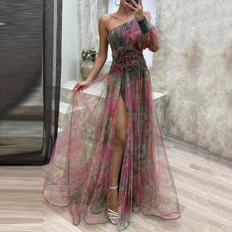 Casual Dresses Large Flower Embellished Evening Dress Sexy A-line Gown Elegant One Shoulder Tie-dye Ball With Mesh Bubble Sleeve