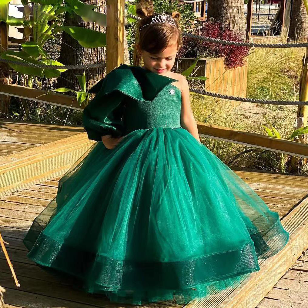 Dark Green Toddler Party Dresses One Shoulder With Bow Tie Kids Formal Wear Glitter Puffy Tulle Tutu Child Birthday Dress