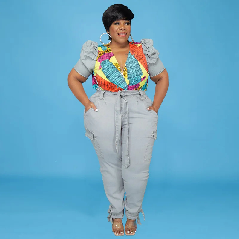 5XL Plus Size Womens Sets Denim Street Two Piece Set Puff Sleeve Patchwork Print Top and Jeans Matching Suit Wholesale Items 240307