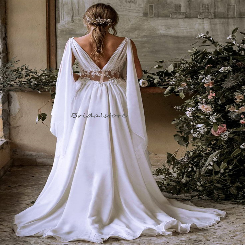 Fairy Celtic Boho Wedding Dress With Cap Sleeves Sexy Sheer Neck Backless Chiffon Beach Bride Dress Lace Whimsical Gatsby Bridal Robe De Mariee 2024 V