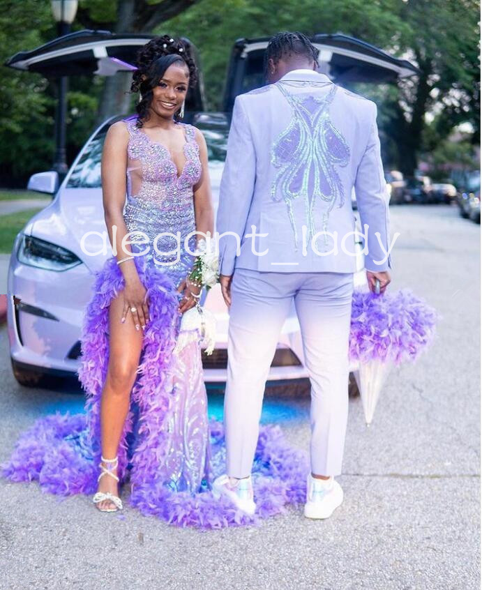 Lilac Purple Sparkly Mermaid Prom Formal Dresses for Women Luxury Diamond Crystal Feather Slit Evening Birthday Party Dress 2024