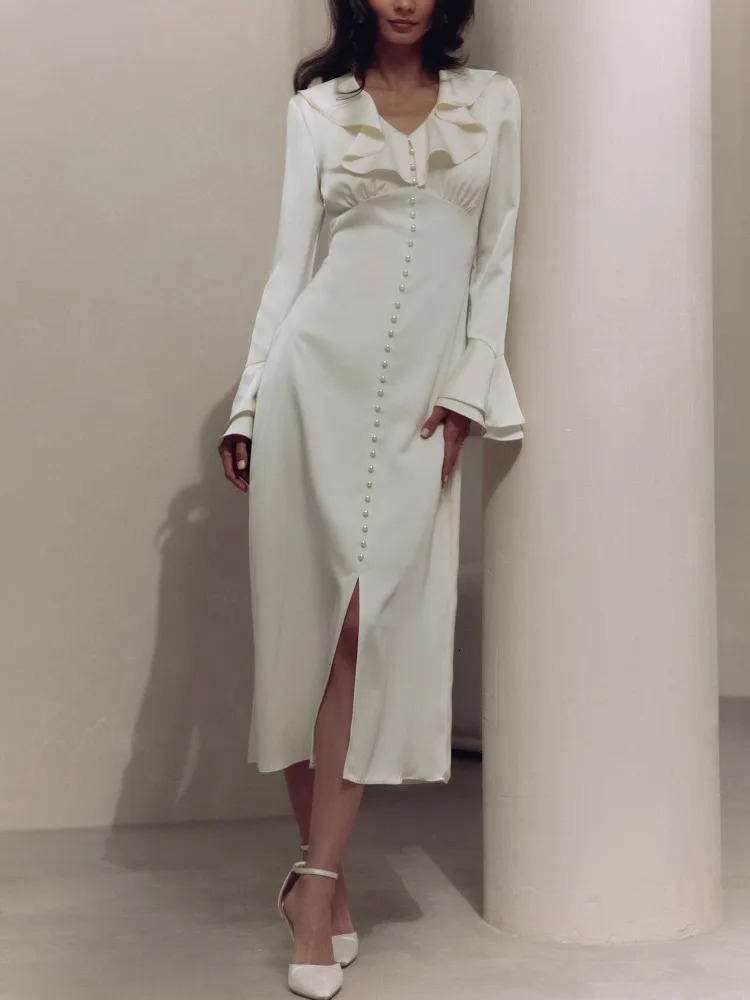 TARUXY Ruffle V Neck Elegant Dress For Women Slim Long Sleeve High Waist Temperament Dresses Femme Party Slit Long Dress Woman 240311