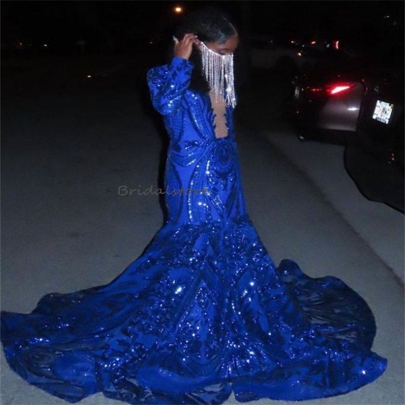 Fashion Royal Blue Sequin Prom Dresses For Black Girls Shinny Long Sleeve Mermaid Evening Dress 2024 Sheer Neck Plus Size Formal Dresses Glitter Birth