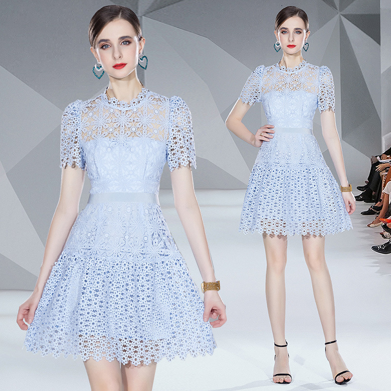 High Quality Runway Self Portrait Dress Women's Sleeveless Blue Lace Summer Hollow Out Irregular Ruffles 210520