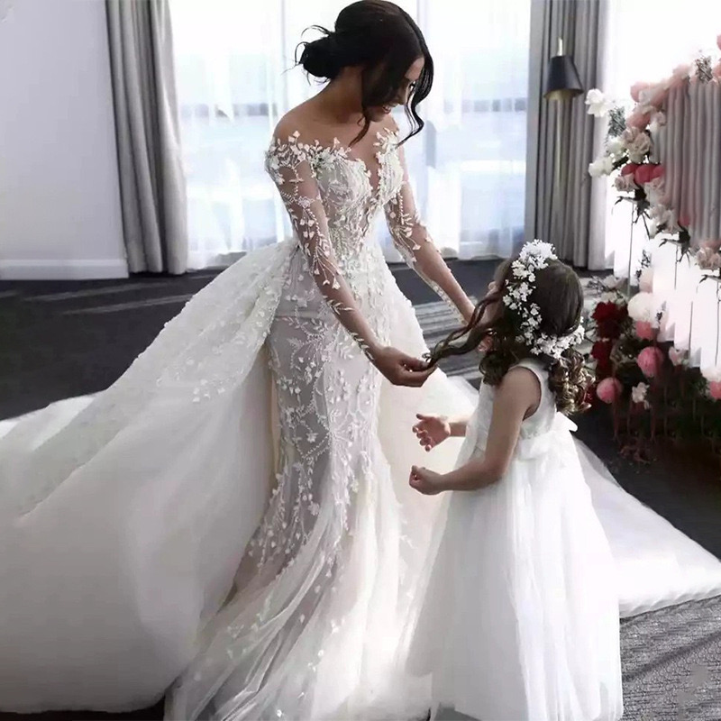 Luxury Beaded Lace Mermaid Wedding Dresses With Detachable Train Long Sleeves Gorgeous Bridal Gowns Illusion Crew Neck Elegant Bride Dress 2024