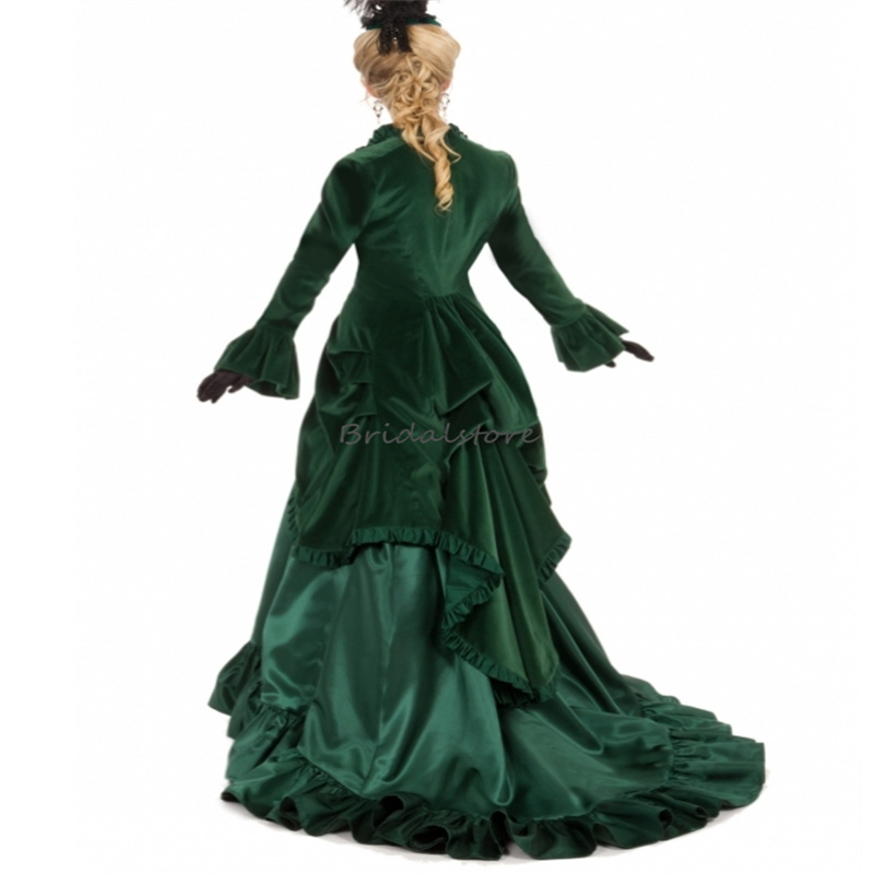 Duchess Green Medieval Evening Dress Victorian Velvet Bustle Civil War Southern Belle Prom Dress Vintage Long Sleeve Formal Party Vestidos De Noche Du